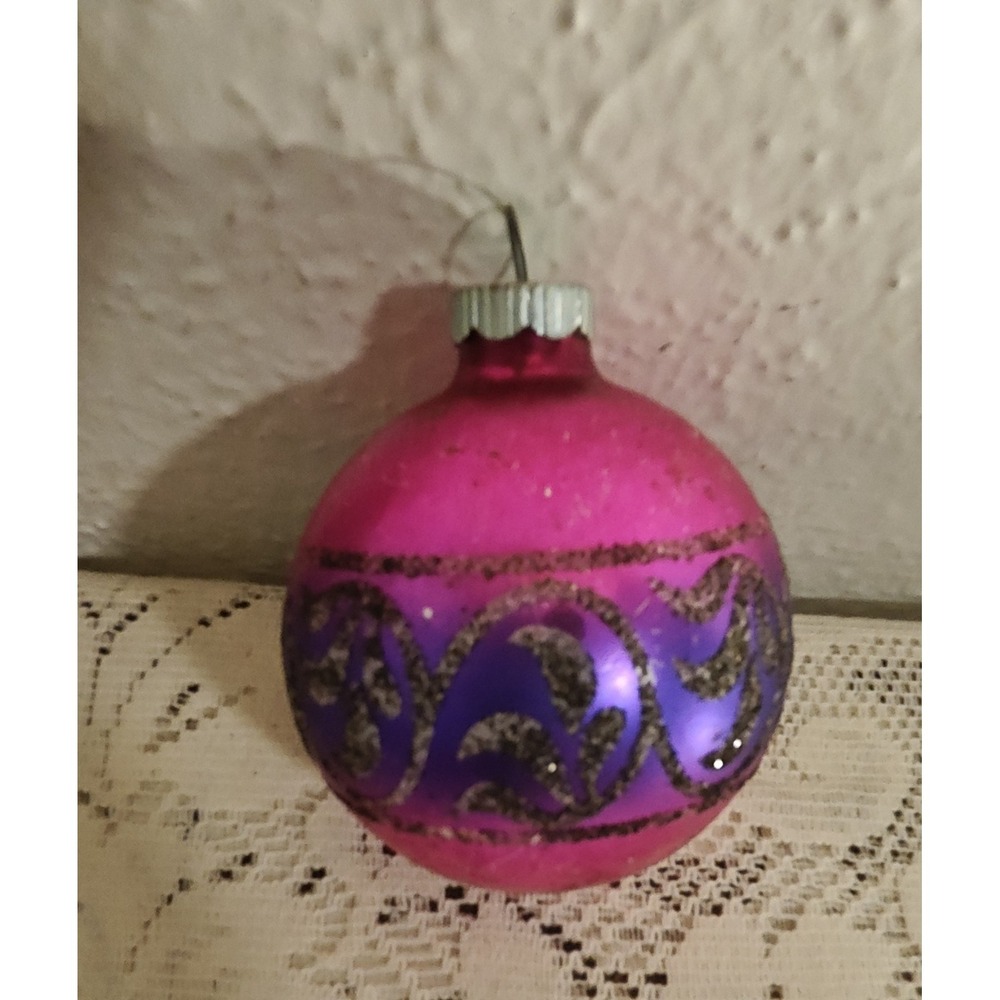 Vintage Shiny Brite DARK PINK  And Purple Blown Glass Christmas Ornament w/ Mica